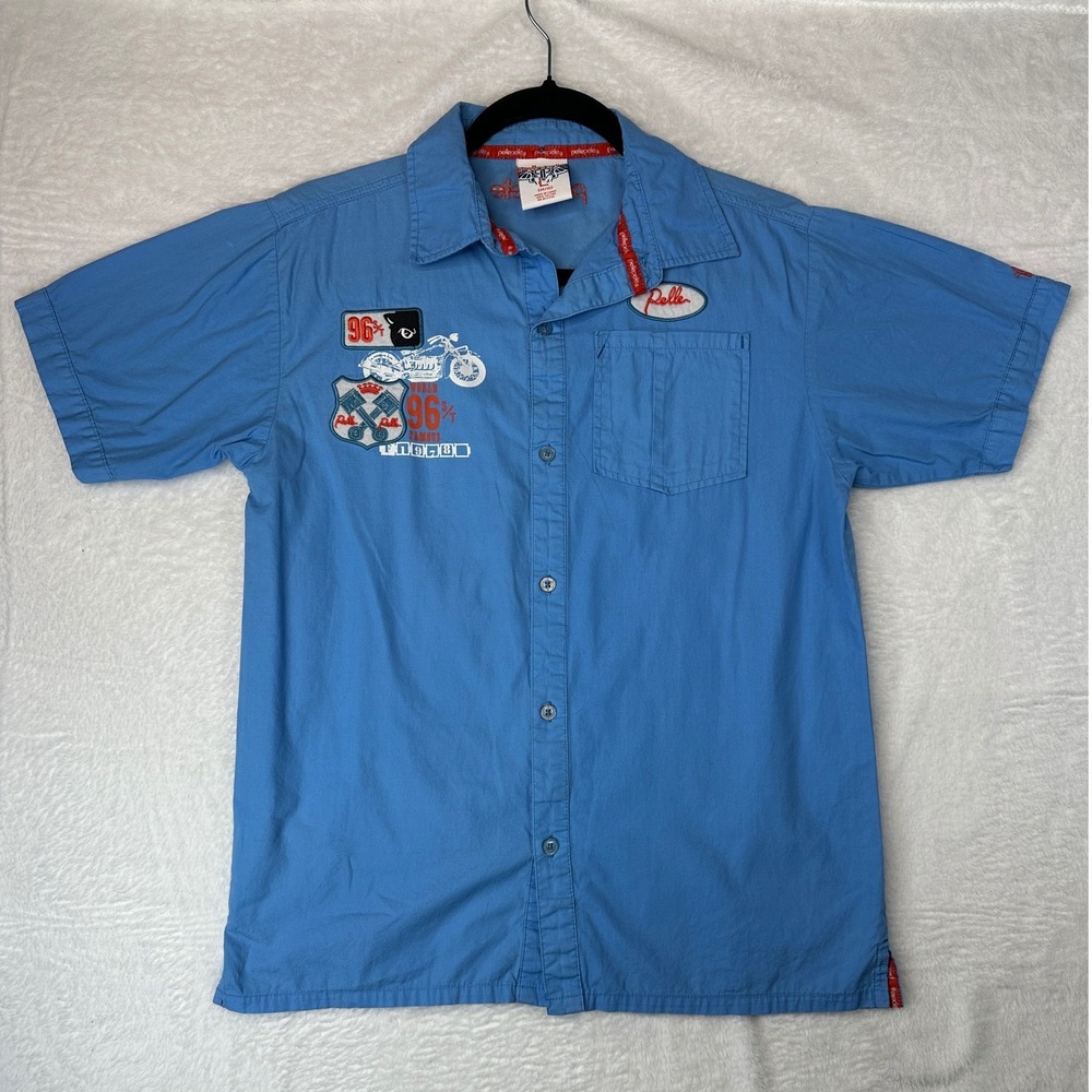 Pelle Pelle Vintage Moto Club Shirt Boys Large 14/16 Blue Short Sleeve Patches